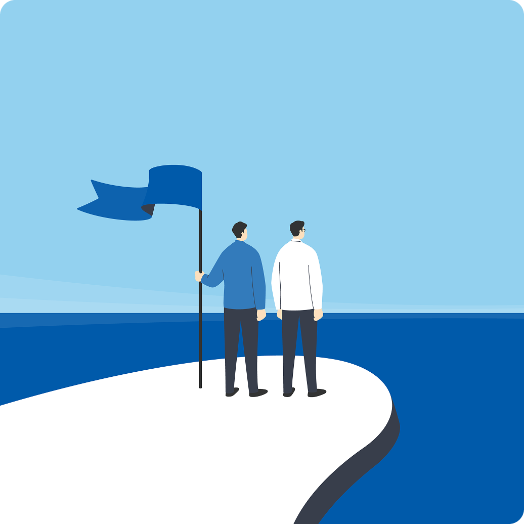 埠頭にいる旗を持った2人のイラスト