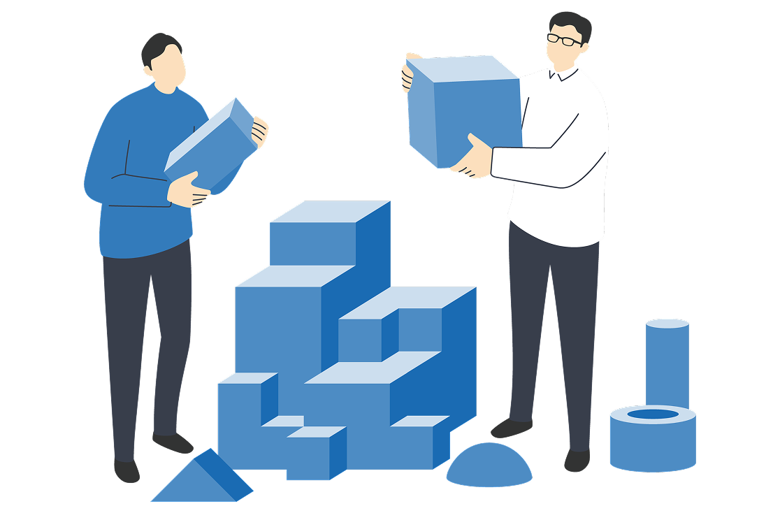 2人の人物がブロックを積み上げているイラスト