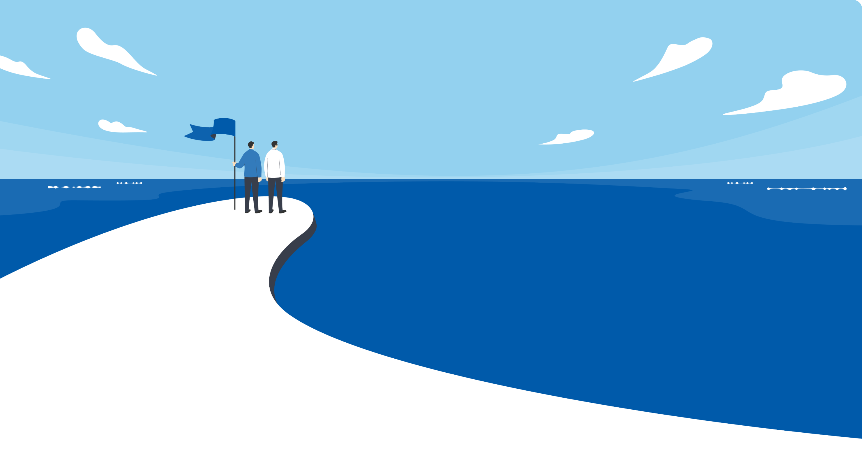 埠頭にいる旗を持った2人のイラスト