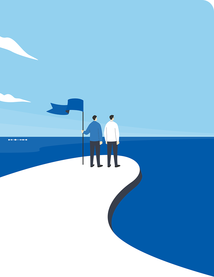 埠頭にいる旗を持った2人のイラスト